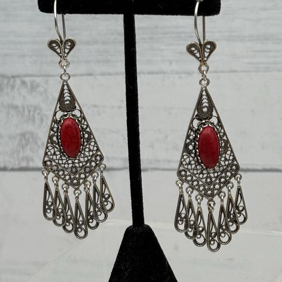 DGS Turkey 925 Sterling Silver Filigree Carnelian Dangle Earrings 16.4 grams - Picture 3 of 13